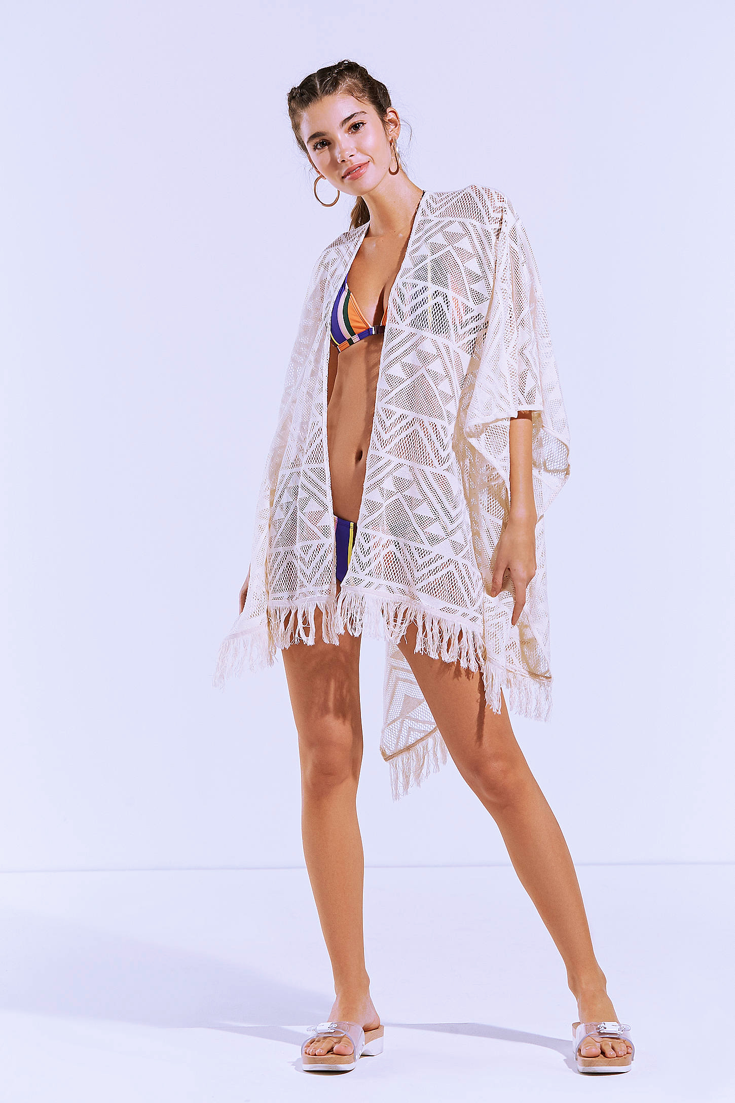 F4762 White Knit Short Sleeve Fringe Accent Sexy Swimsuit Coverup